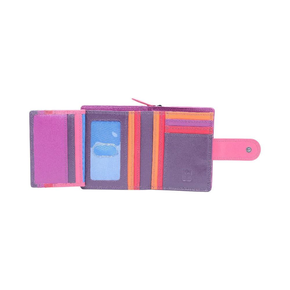 Purple wallet with a pink strap on a white background