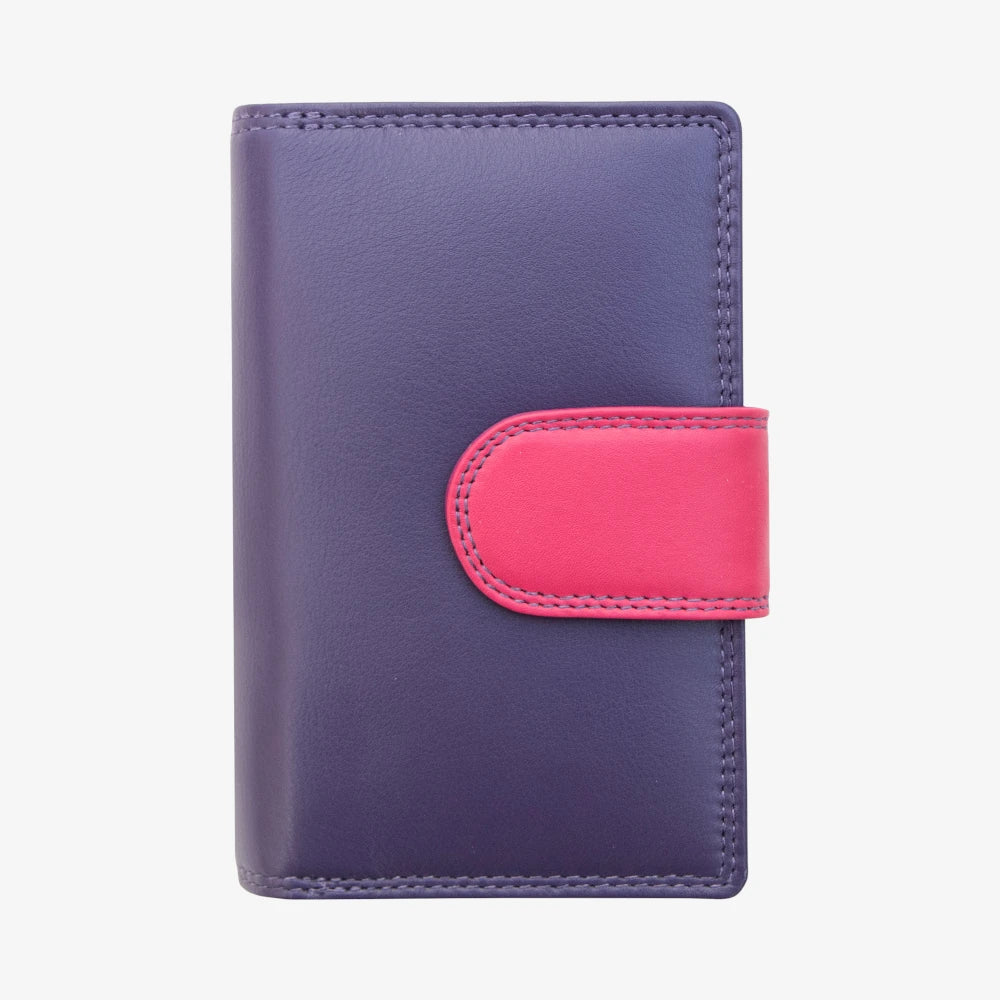 Purple wallet with a pink strap on a white background