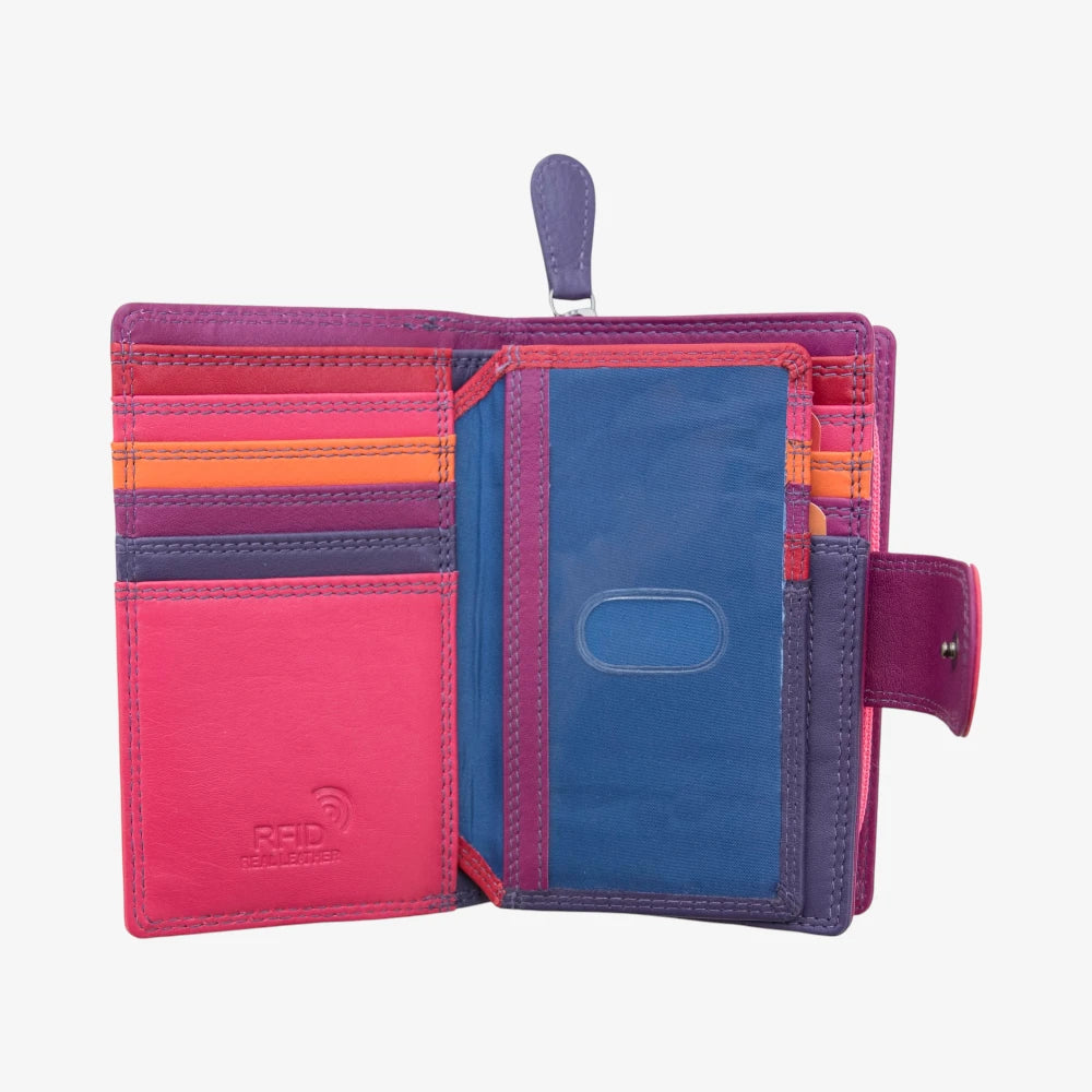 Purple wallet with open design on a white background