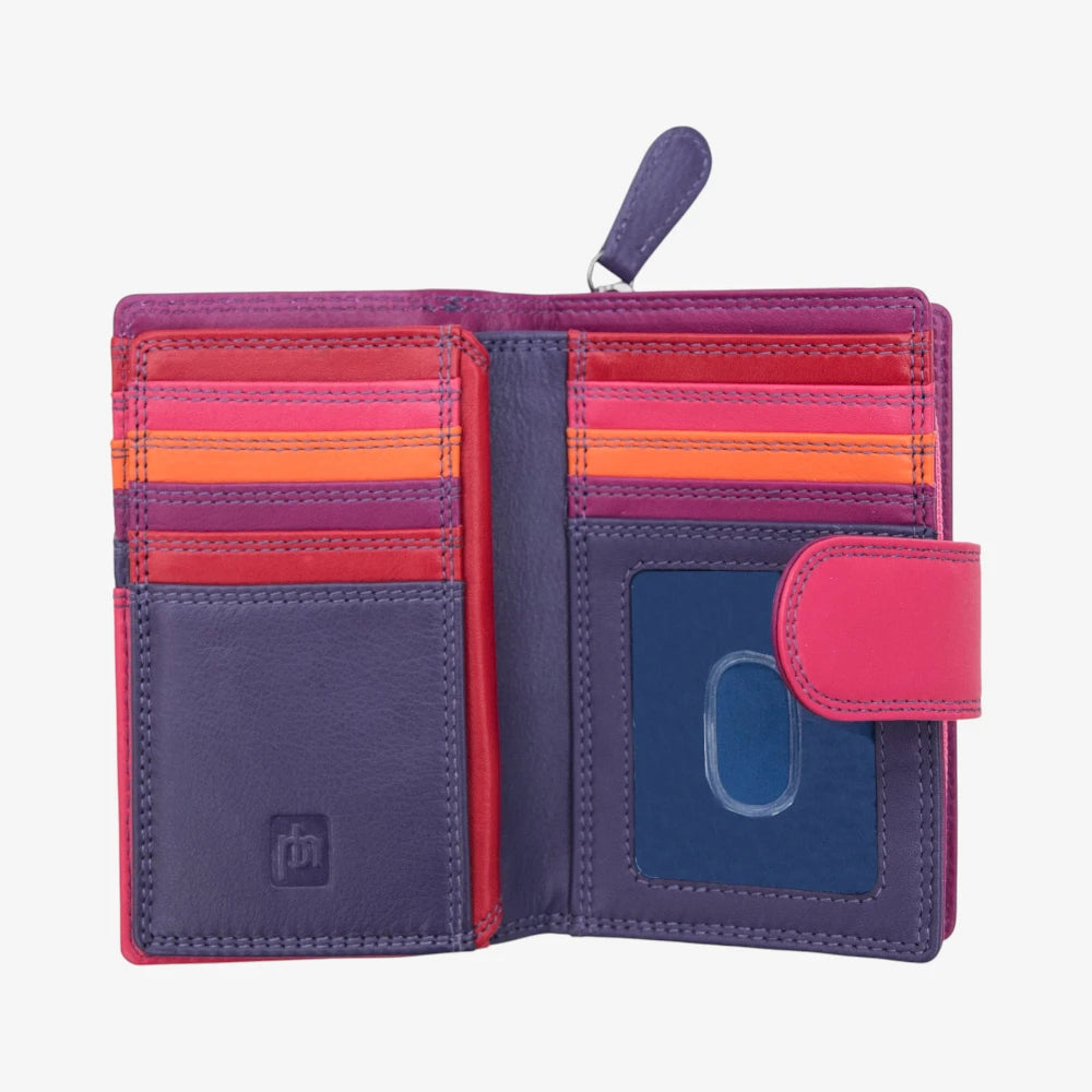 Purple wallet with a visible brand logo on a white background