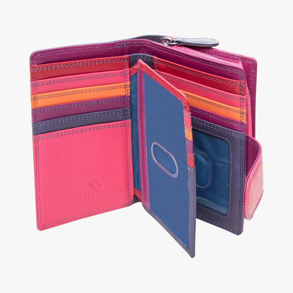Purple wallet with open design on a white background