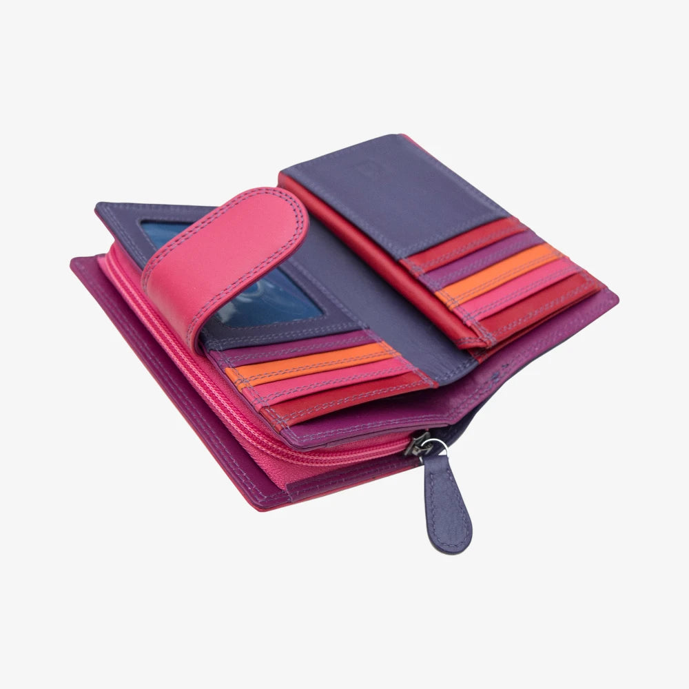 Pink and purple wallet with colorful accents on a white background