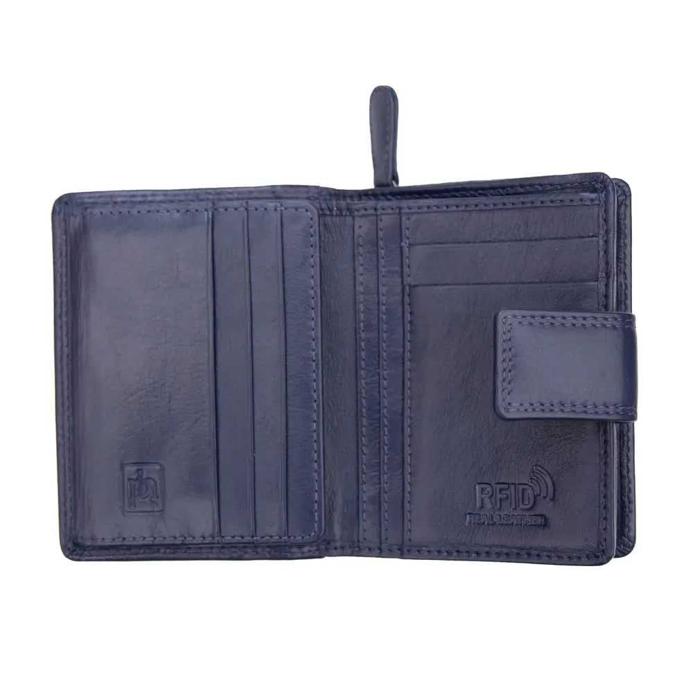 Soft purple leather trifold purse with secure tab fastening – open view