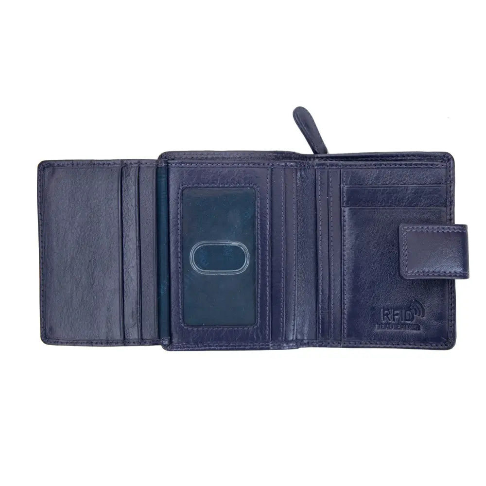 Soft purple leather trifold purse with secure tab fastening – open view