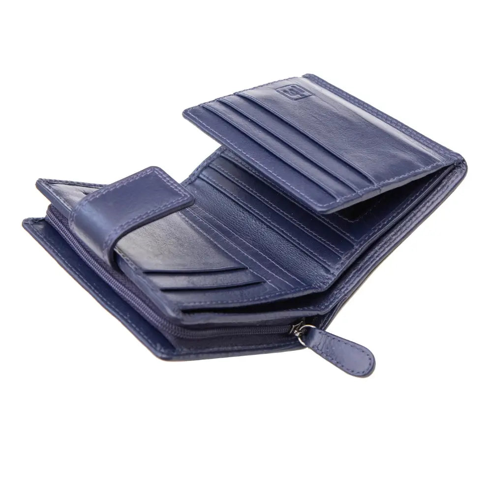 Soft purple leather trifold purse with secure tab fastening – open view