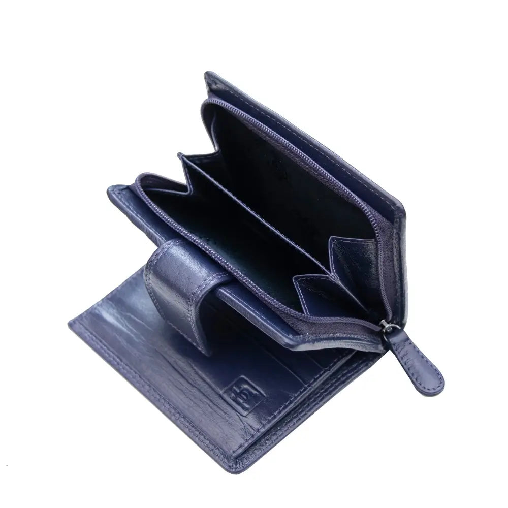 Soft purple leather trifold purse with secure tab fastening – interior view