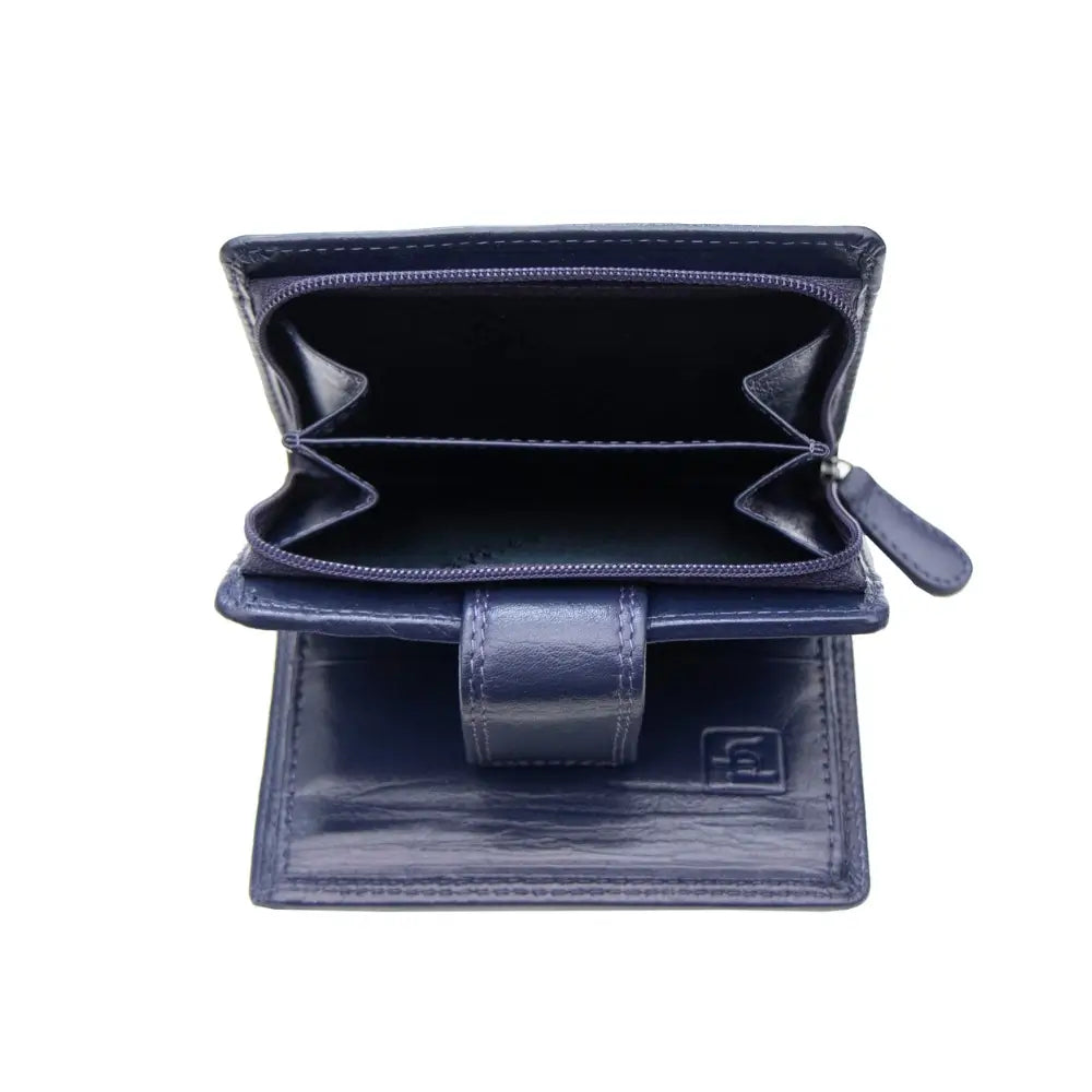 Open purple leather wallet on a white background