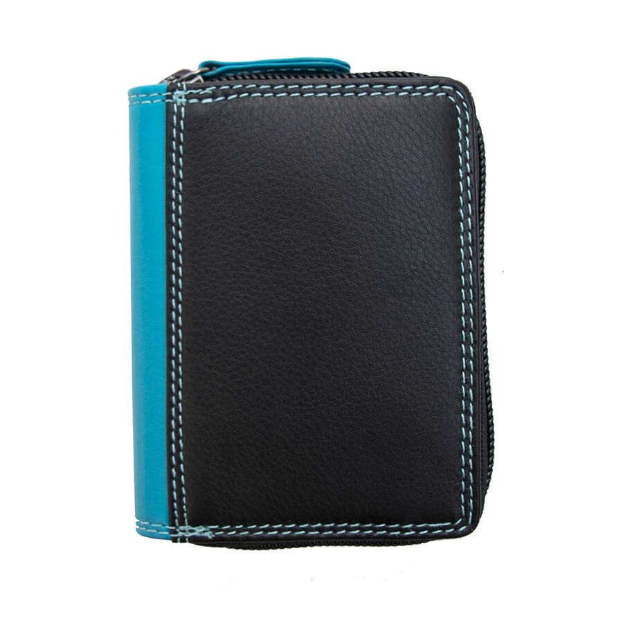 Black leather wallet with blue zipper 