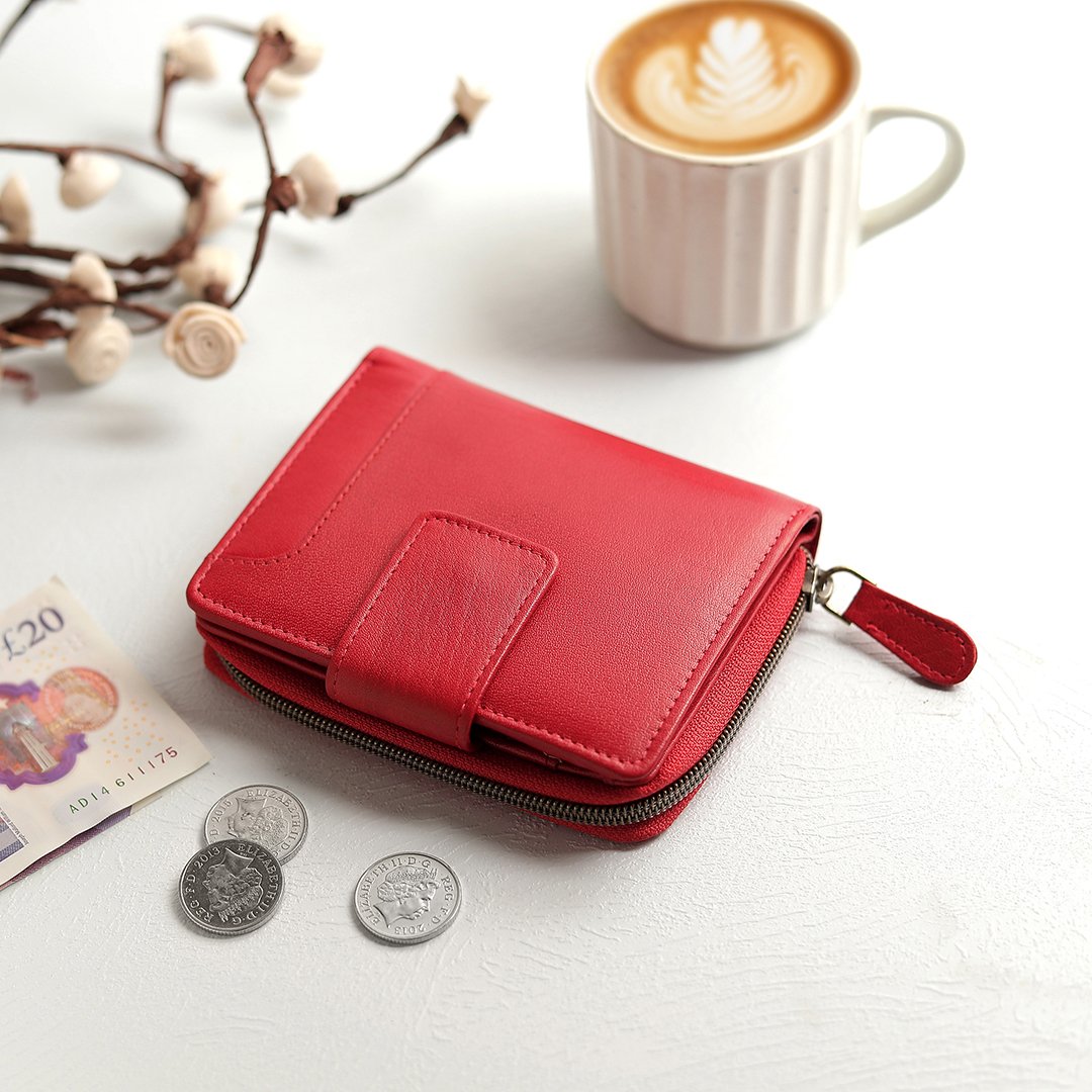 The Velura Red Leather Purse medium Zip Around Trifold