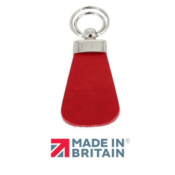 Red teardrop-shaped keychain with silver ring on a white background, featuring 'Made in Britain' logo.