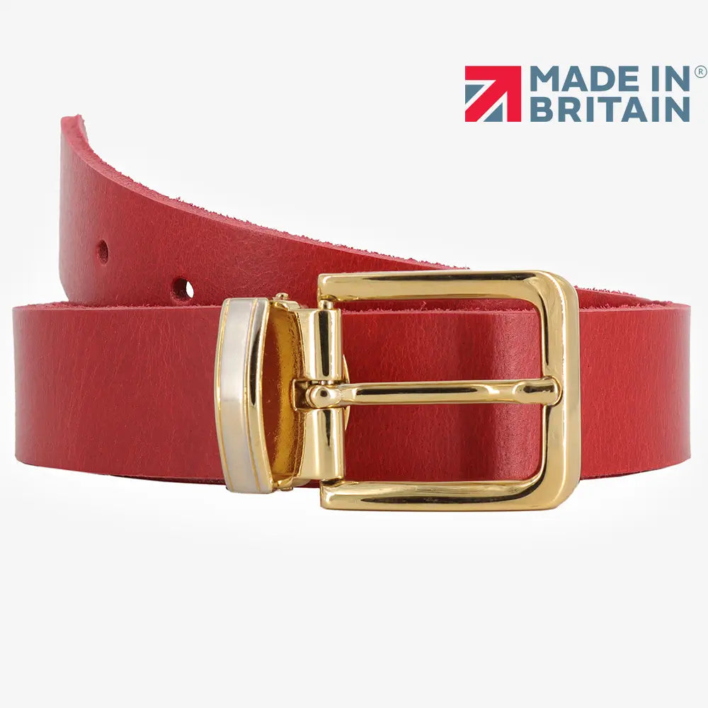 Red leather belt with a gold buckle on a white background, featuring 'Made in Britain' logo.