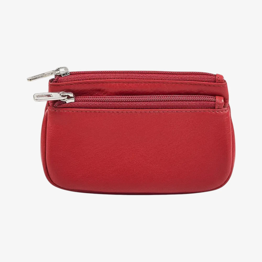 Red Leather Coin Purse with Dual Zip Closure