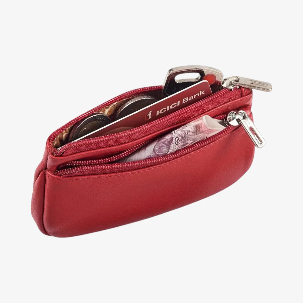 Red Leather Double Zip Coin Purse Open Compartments