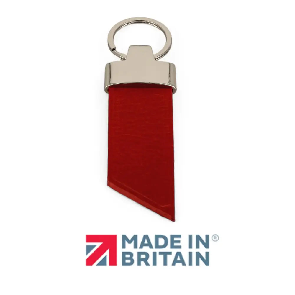 Red keychain with silver clip on a white background, featuring 'Made in Britain' logo.