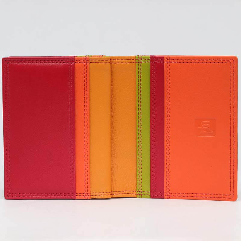 Red Jade London real leather credit card holder shown open, featuring vertical panels of red, orange, yellow, green, and a darker red on the front cover.
