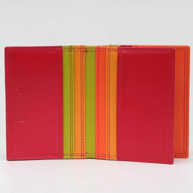 Red Jade London real leather credit card holder shown open, featuring a central vertical stripe pattern in lime green, orange, and yellow, with a red-orange interior lining visible behind it.