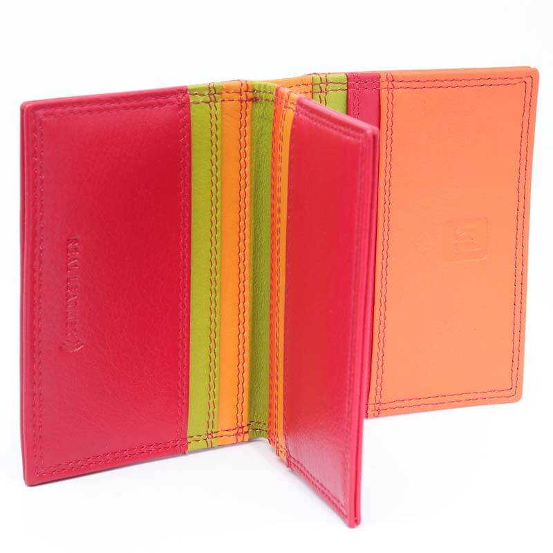 Red Jade London real leather credit card holder shown open, featuring a bright pink exterior, a bright orange interior panel, and vertical stripes of lime green, orange, and yellow along the center.
