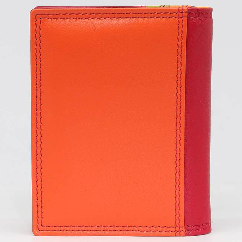 Red Jade London real leather credit card holder showing A two-tone leather back  in vibrant orange and red, featuring decorative zigzag stitching along the edges, shown against a plain white background.