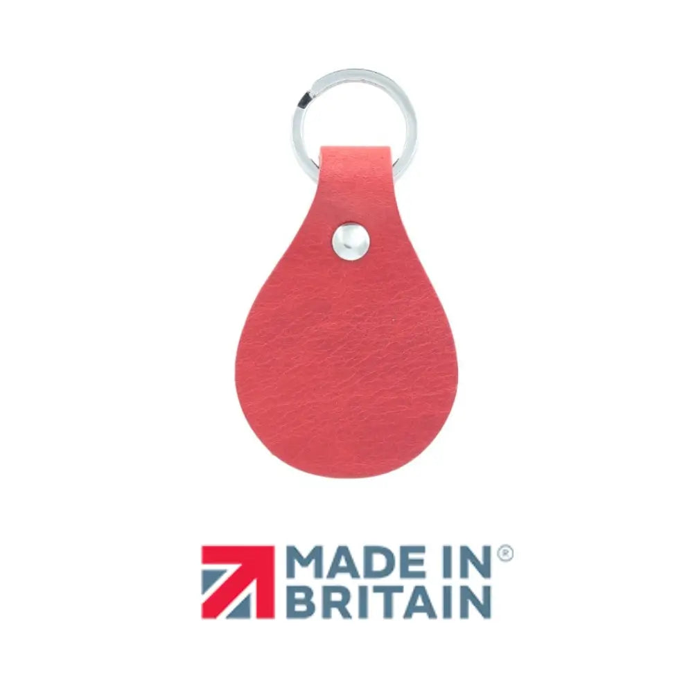 Red leather keychain with 'Made in Britain' logo on a white background