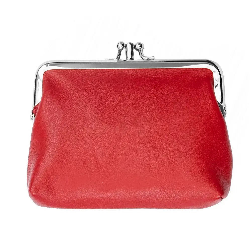 Red leather clutch with silver clasp on a white background
