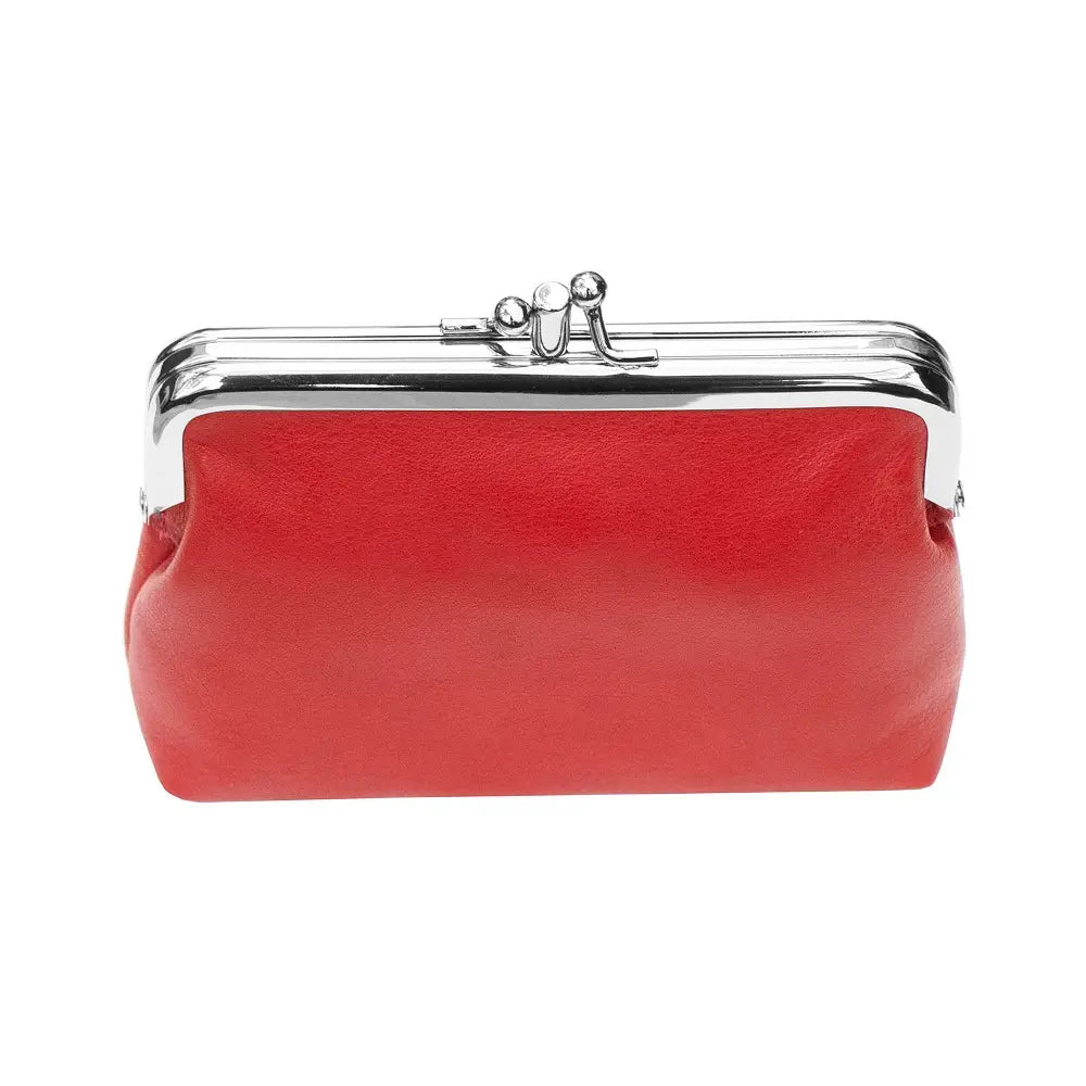 Red clutch purse with a silver clasp on a white background