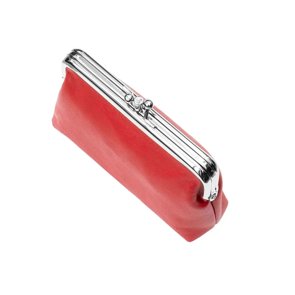 Red clutch purse with a silver frame on a white background