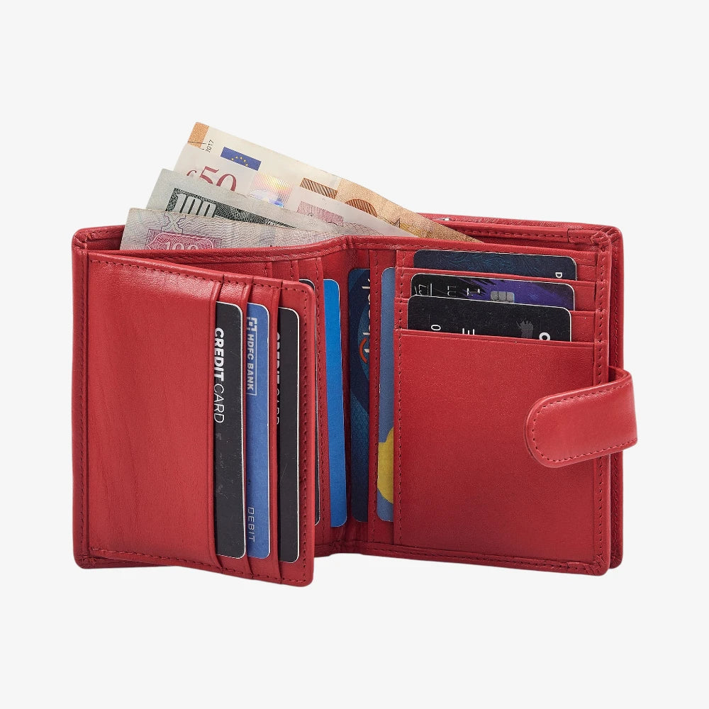 Women's real leather purse in red with zipped coin pocket and card holder