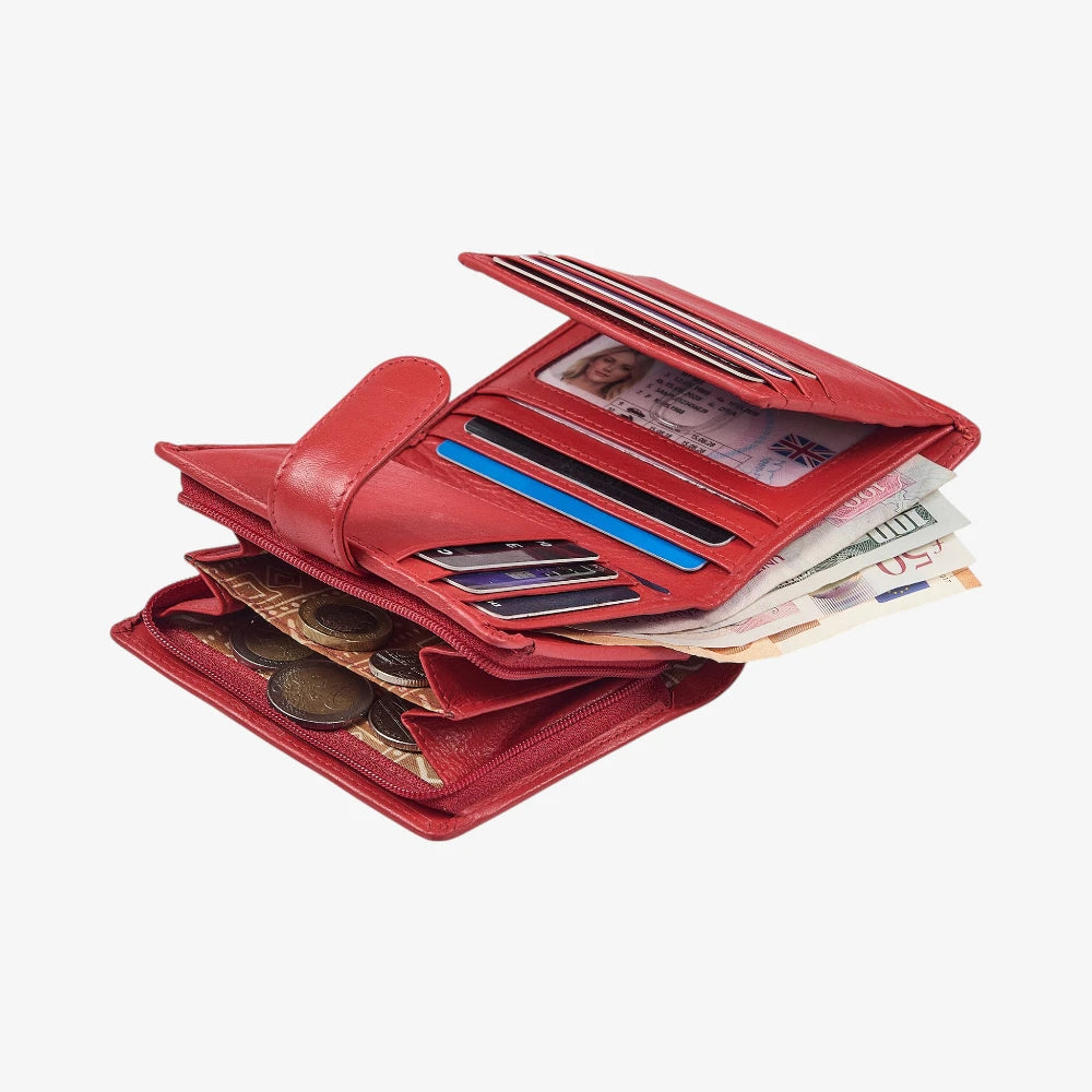 Real leather trifold purse in red for everyday organisation