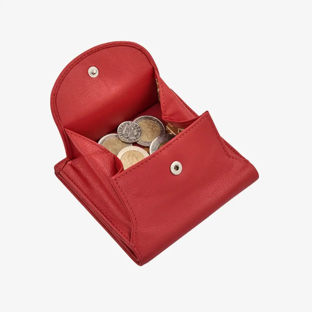 Red leather wallet with coin tray, card slots and note section