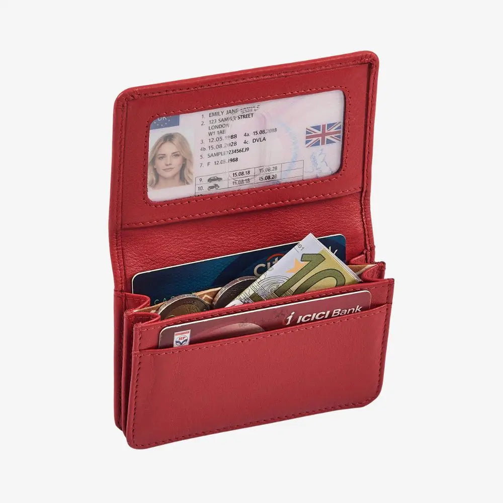 Red leather card holder with two card slots and note compartments