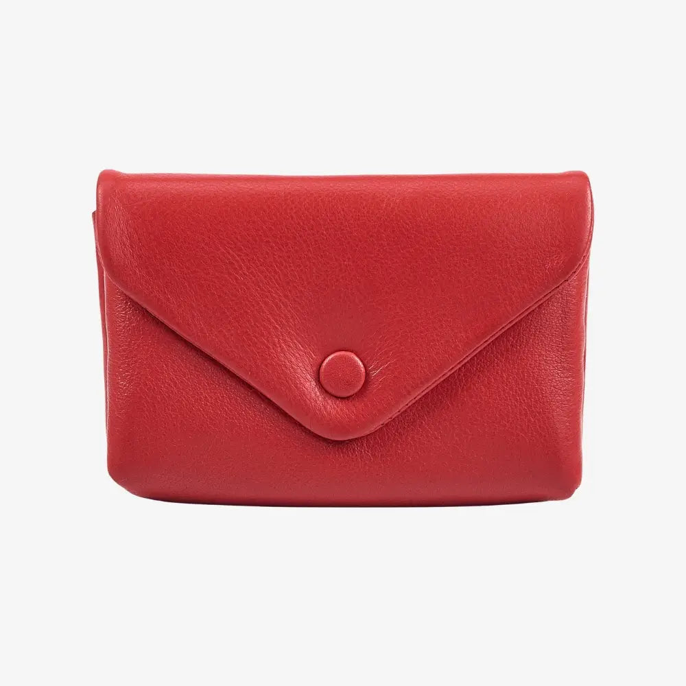 Red leather envelope coin purse for women with press stud flap