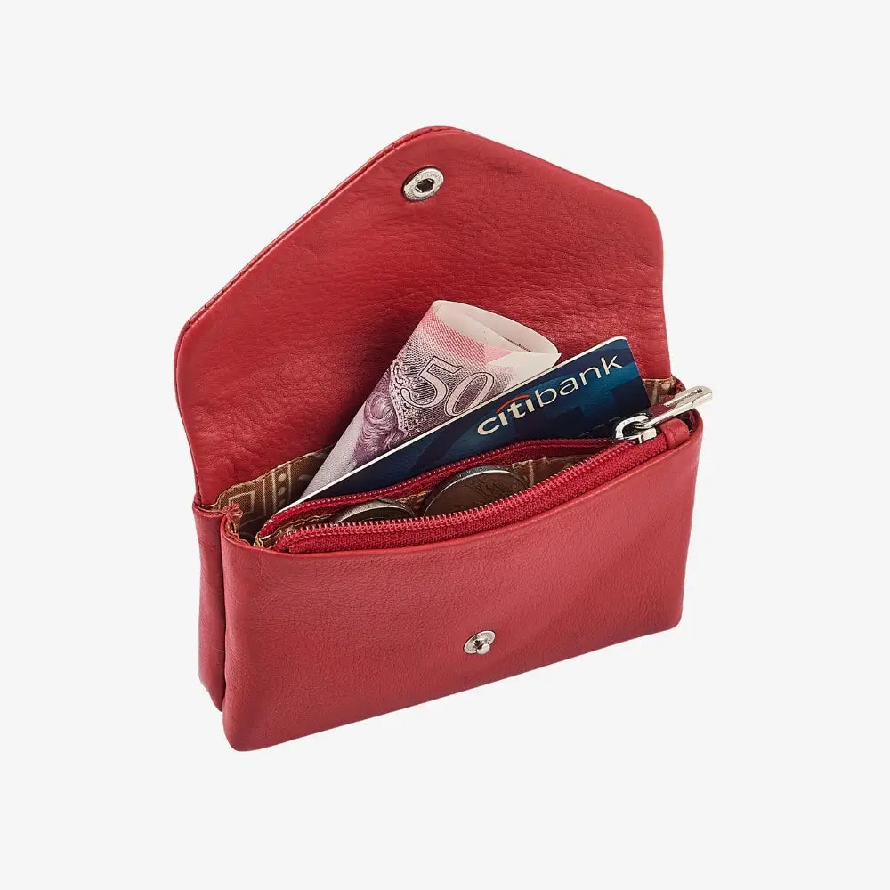 Red real leather coin purse with envelope closure and note section