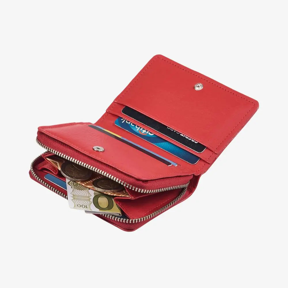 Red leather card wallet with zipped coin pocket