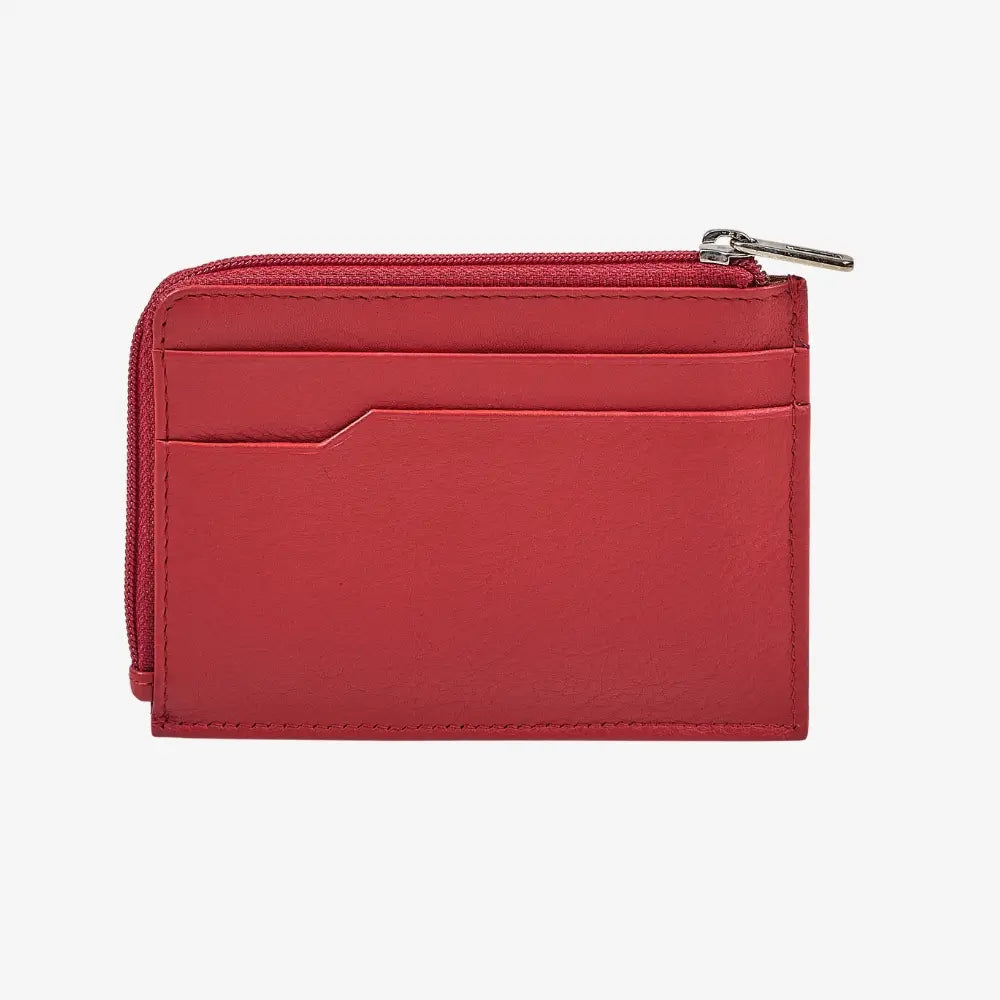 Red real leather card holder wallet with zip compartment