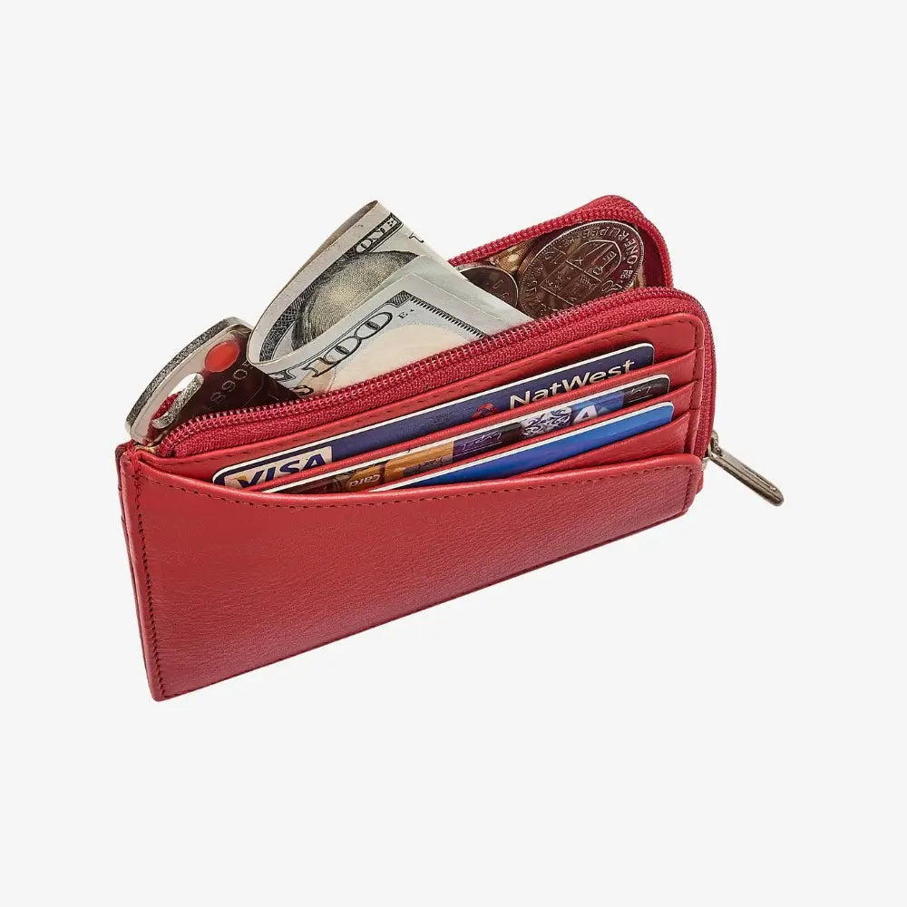 Slim red leather zip card holder for everyday carry