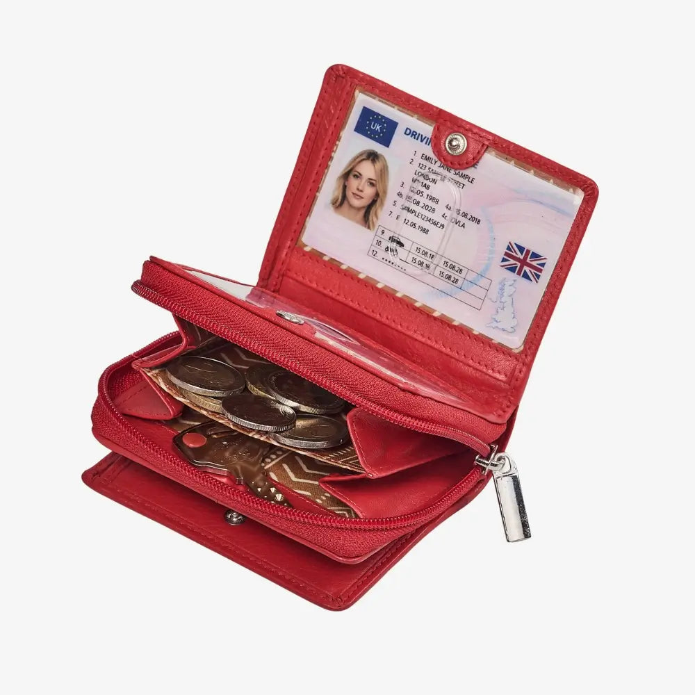 Women's red leather purse with card slots and note section