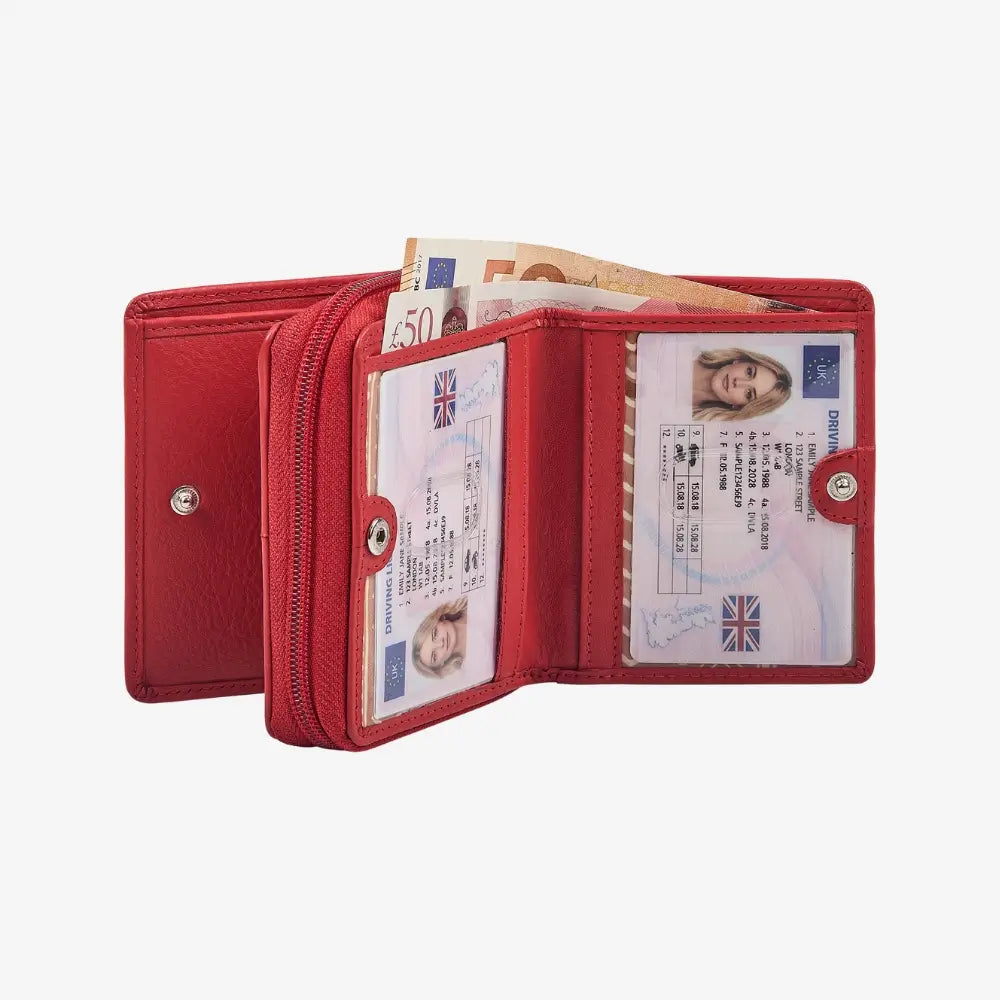 Red wallet open to show cards, ID, and money on a white background