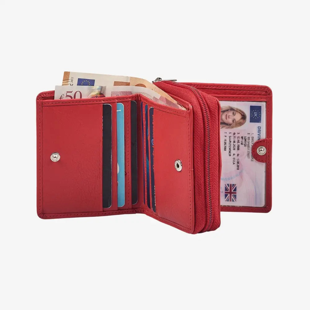 Red wallet open to show card slots, currency, and an ID card on a white background