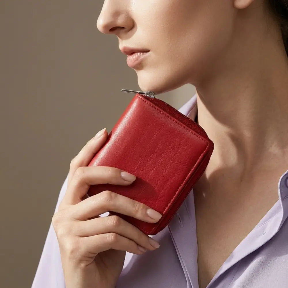 Person holding a red wallet against a neutral background