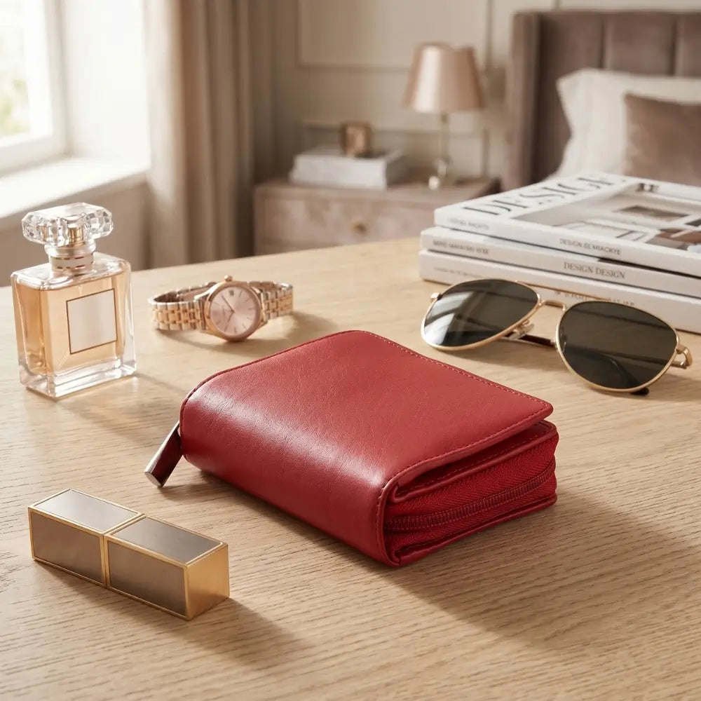 Red wallet, sunglasses, perfume bottle, and watch on a wooden surface with a blurred bedroom background.