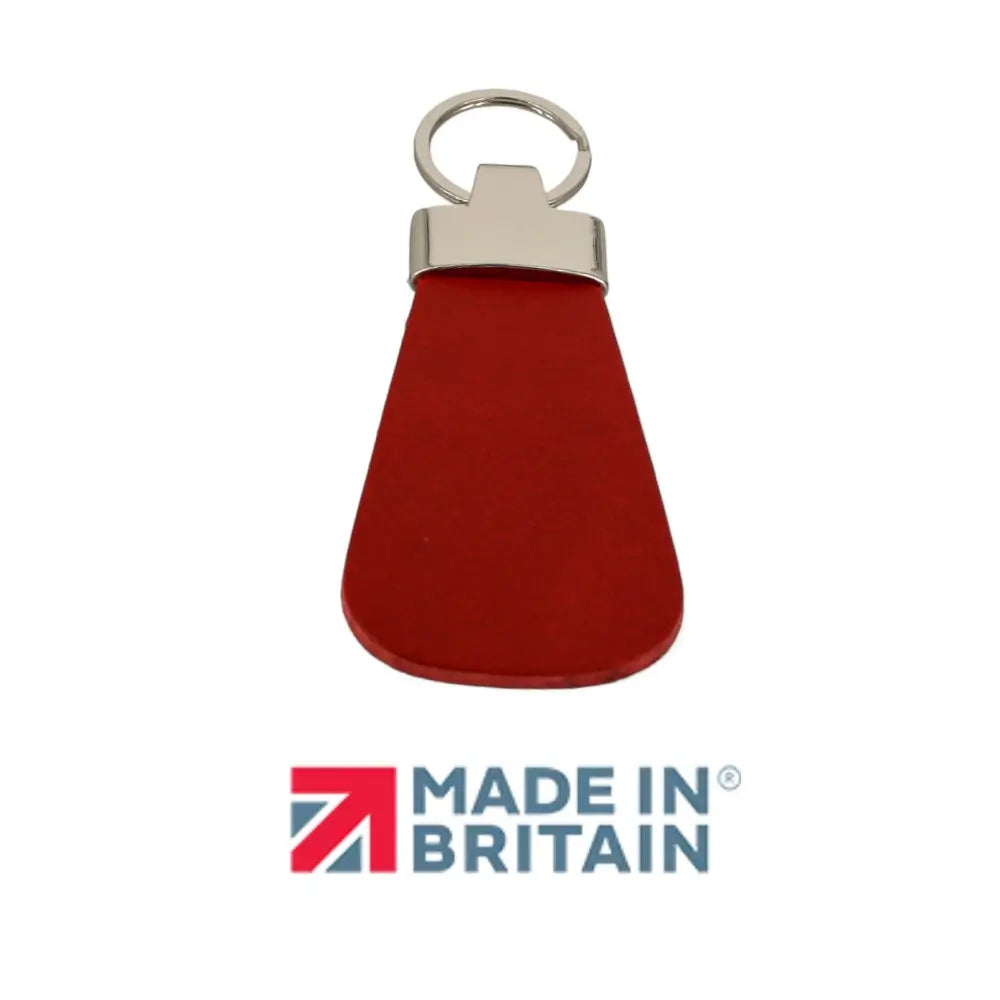 Red leather keychain with silver ring on a white background, featuring 'Made in Britain' logo.