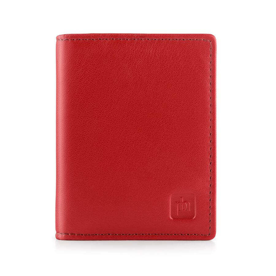 Red leather wallet with a brand logo on a white background