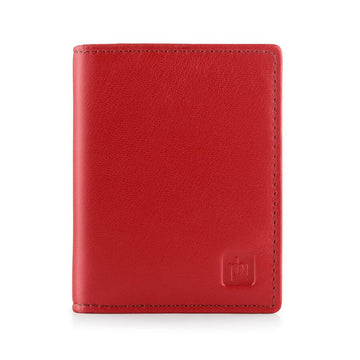 Red leather wallet with a brand logo on a white background
