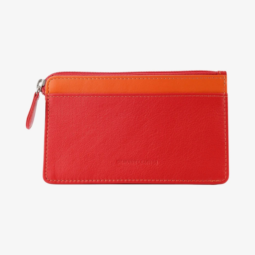 Front view of Red Card Holder Purse with orange interior on a white background