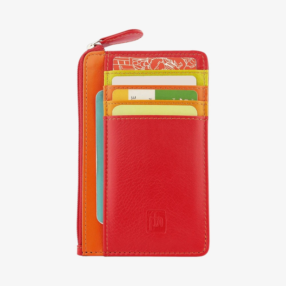 Red Card Holder Purse  with colorful cards on a white background