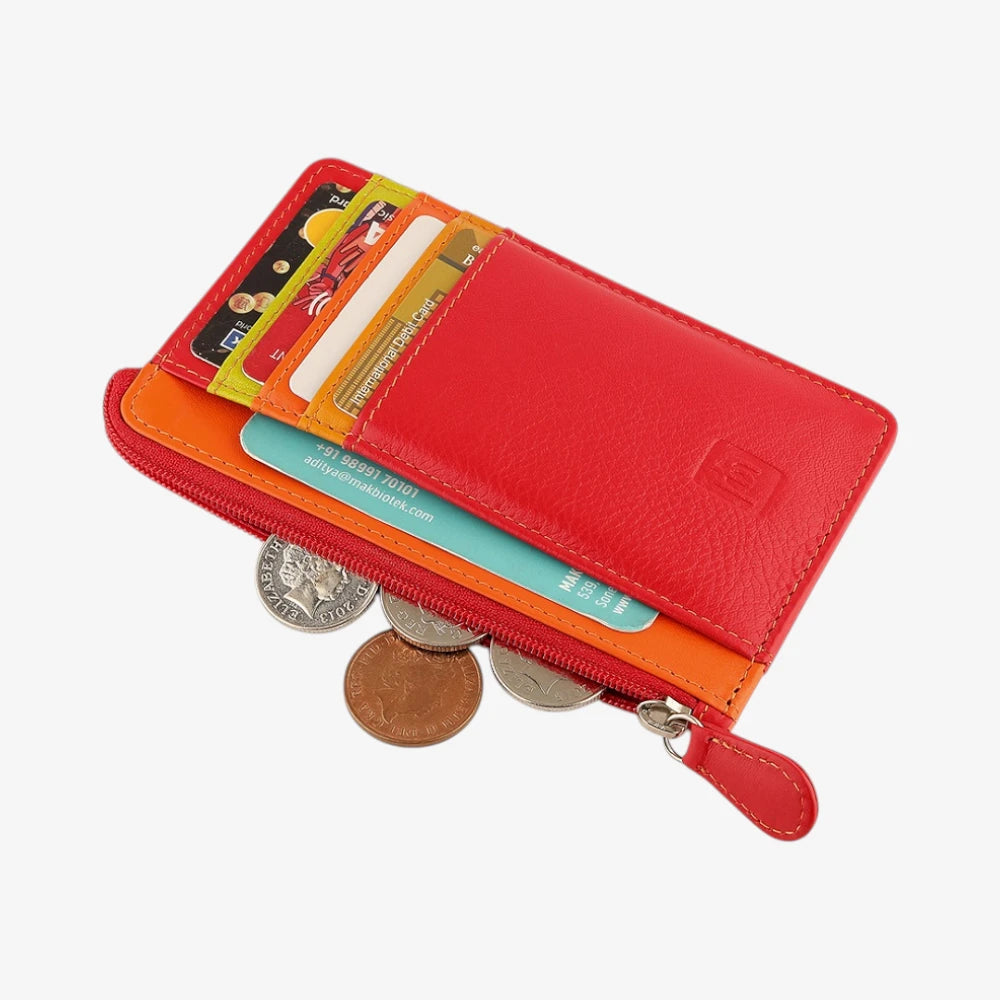 Front view of Red Card Holder Purse  with coins and cards on a white background