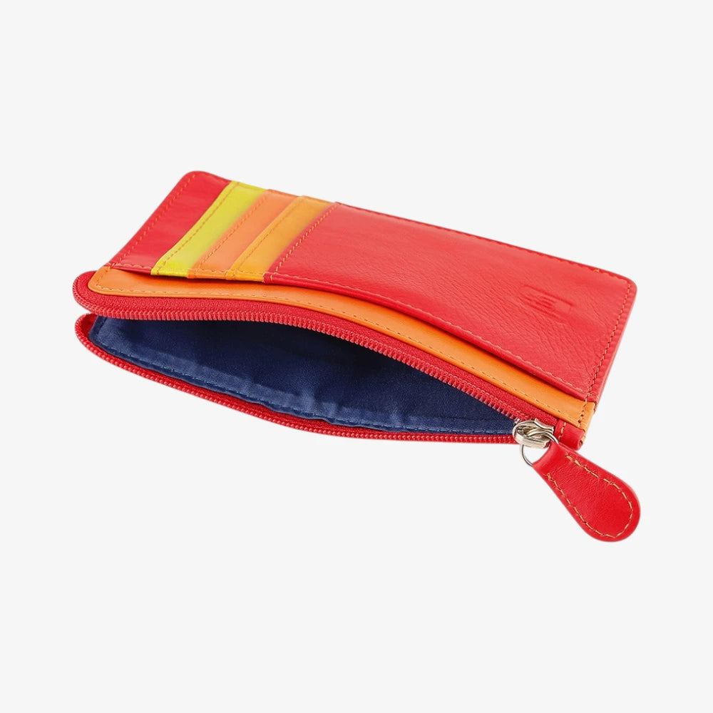 Red Card Holder Purse  with colorful striped interior on a white background