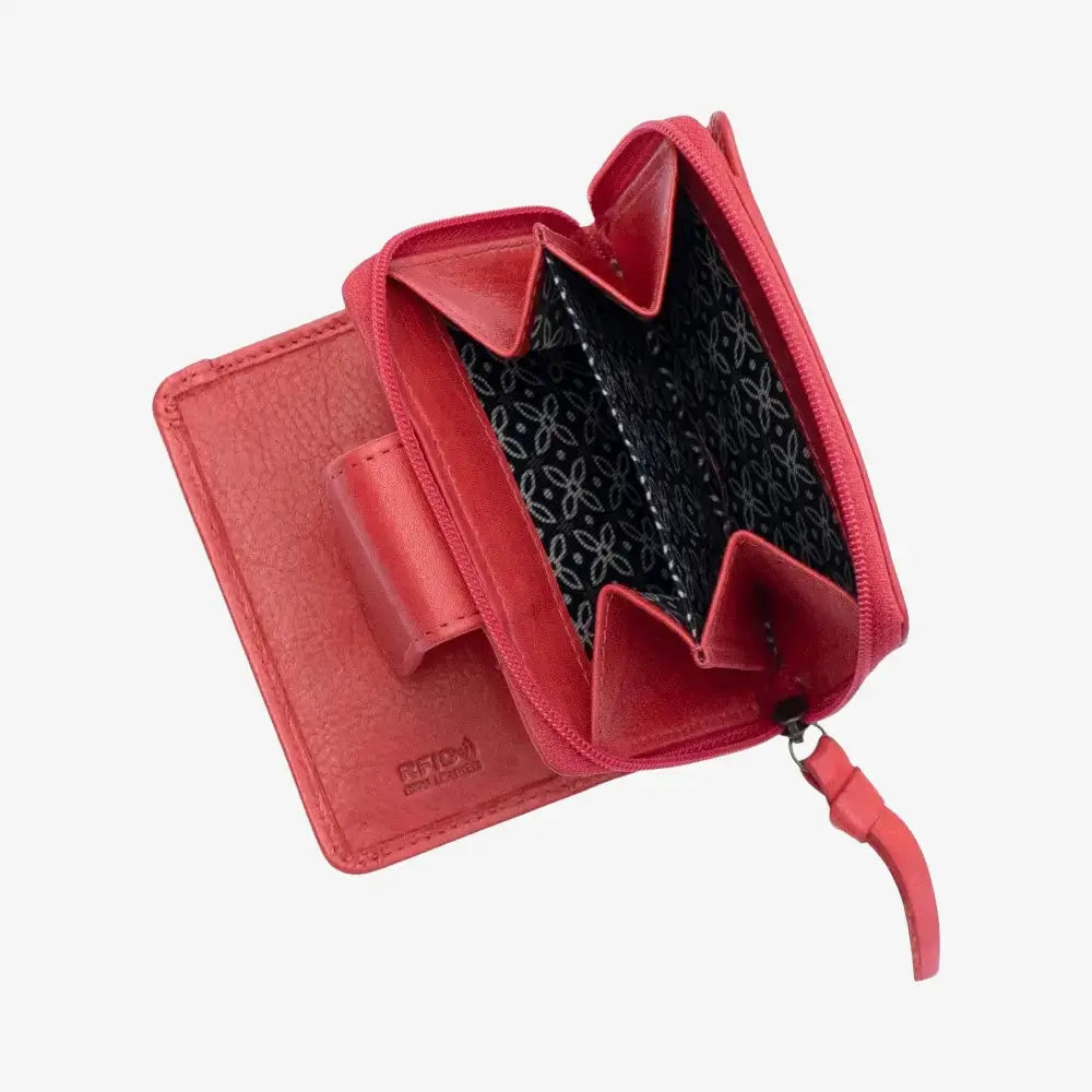 Red wallet with a black interior on a white background