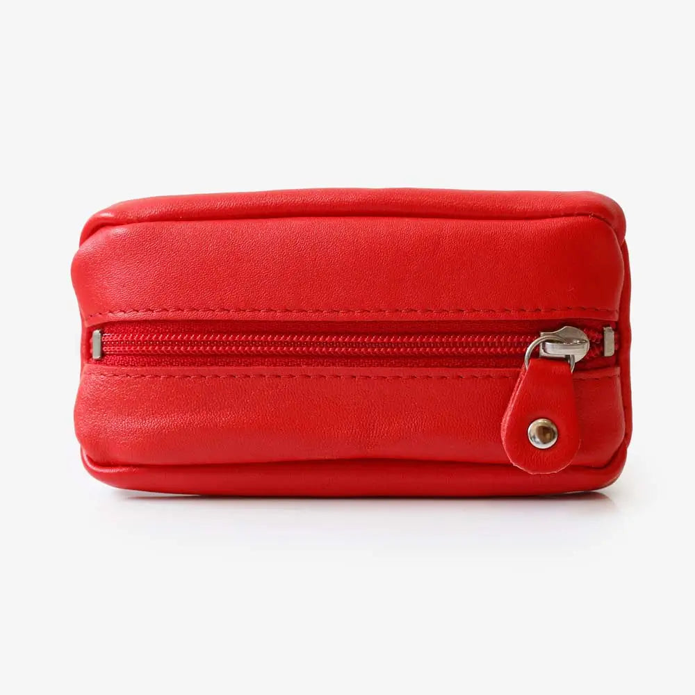 Front view of Red Small Leather Zipper Keyring Pouch on grey background