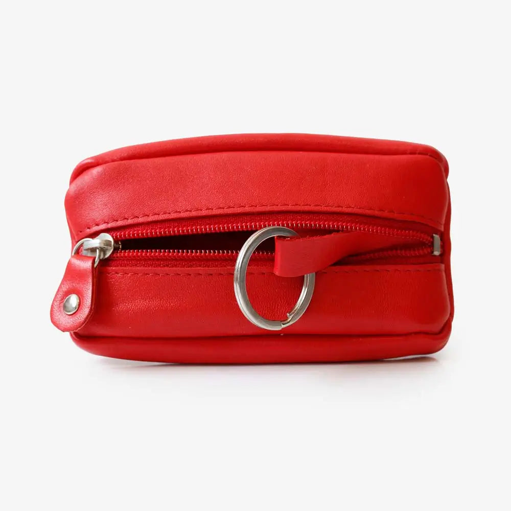 Red Small Leather Zipper Keyring Pouch on grey background